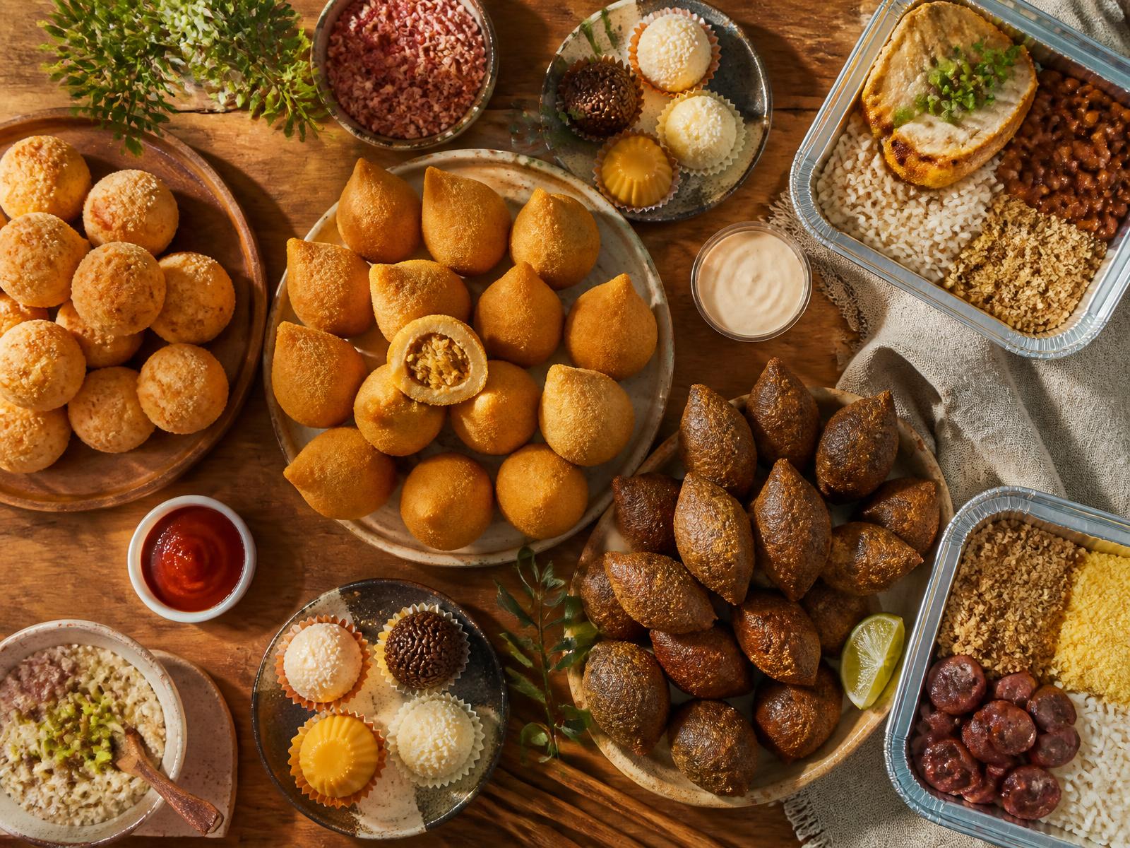 Mesa com salgados artesanais, marmitas e doces brasileiros